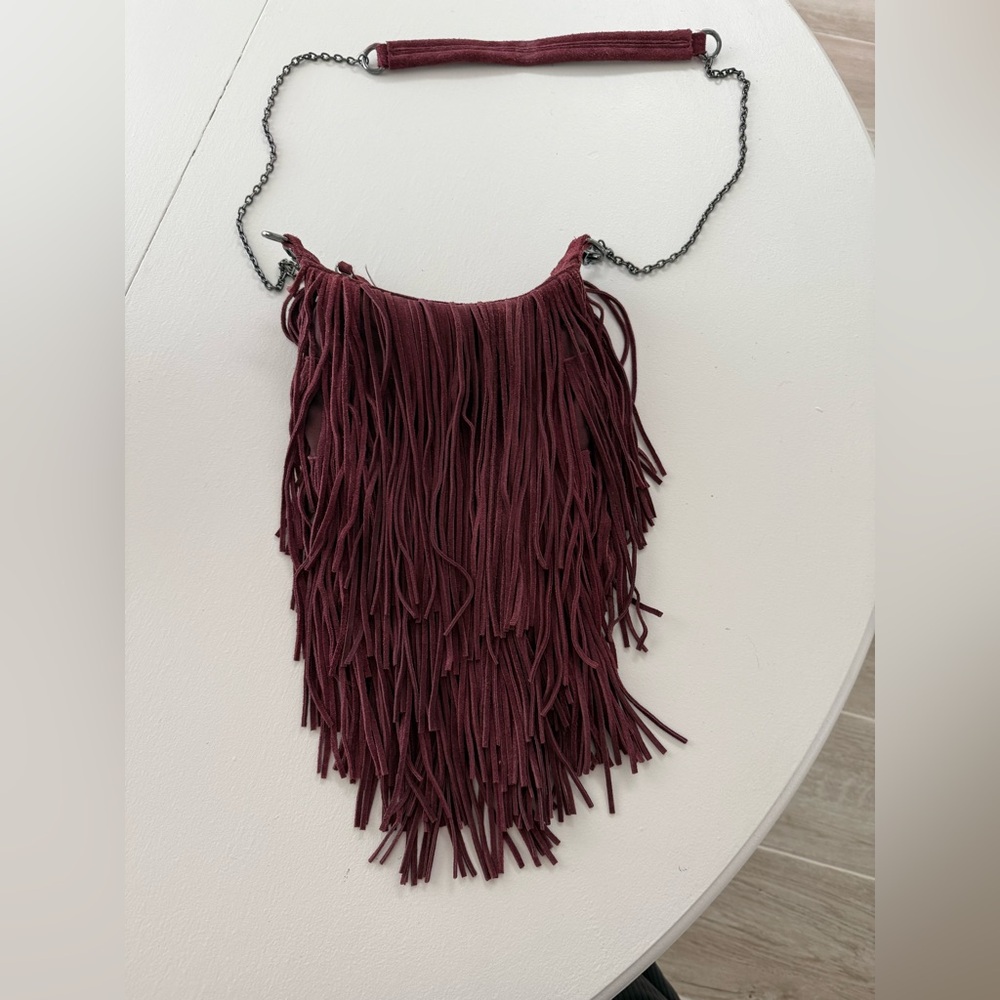 Monserat De Lucca Burgundy Fringe Hobo Bag